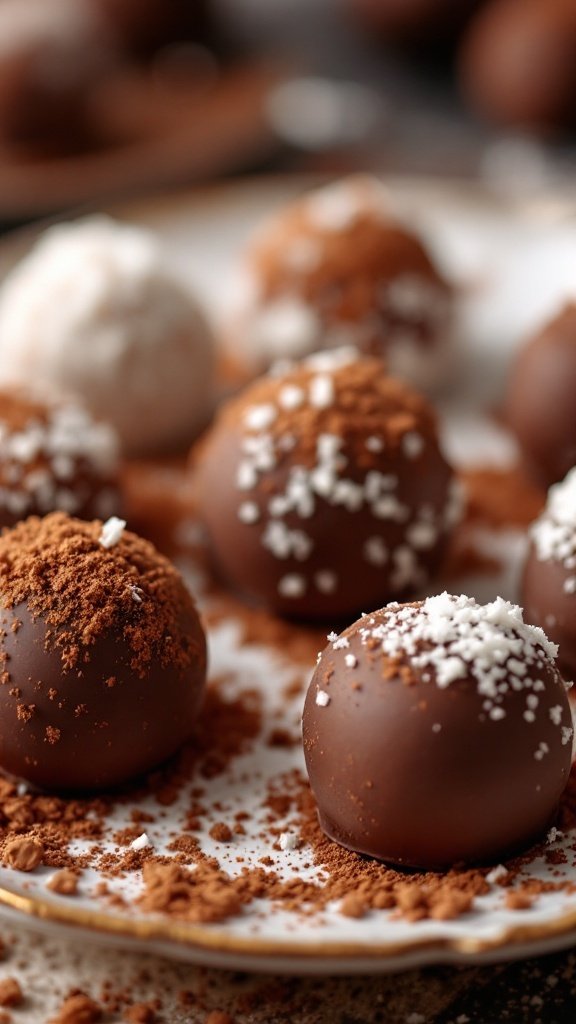 A plate of chocolate coconut truffles, some dusted with cocoa powder and others with coconut flakes.