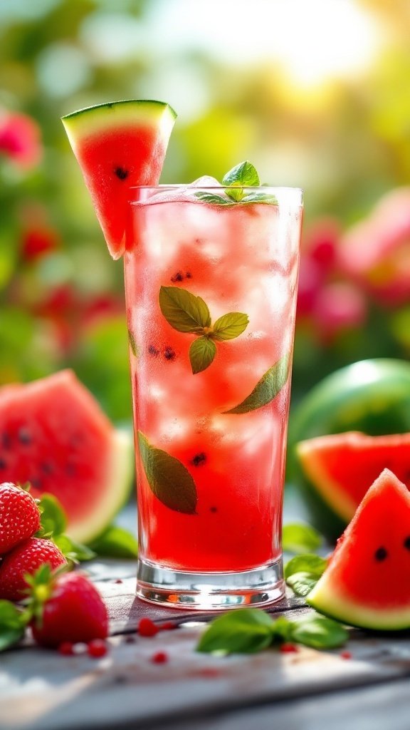 A refreshing Watermelon Basil Cooler drink in a glass with ice, garnished with a slice of watermelon and fresh basil leaves, surrounded by fresh watermelon slices.