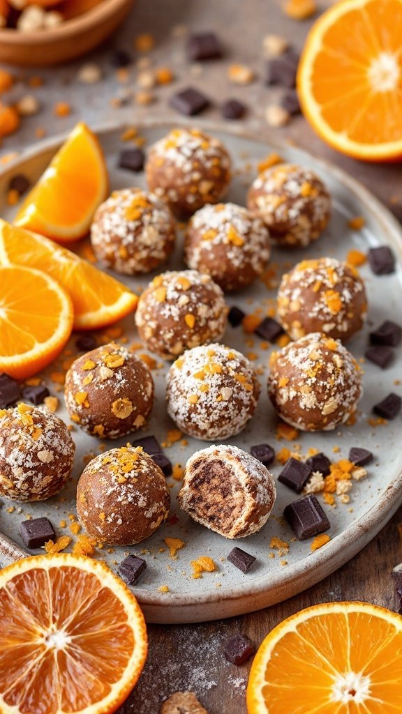 A plate of chocolate orange energy balls surrounded by fresh orange slices and chocolate pieces