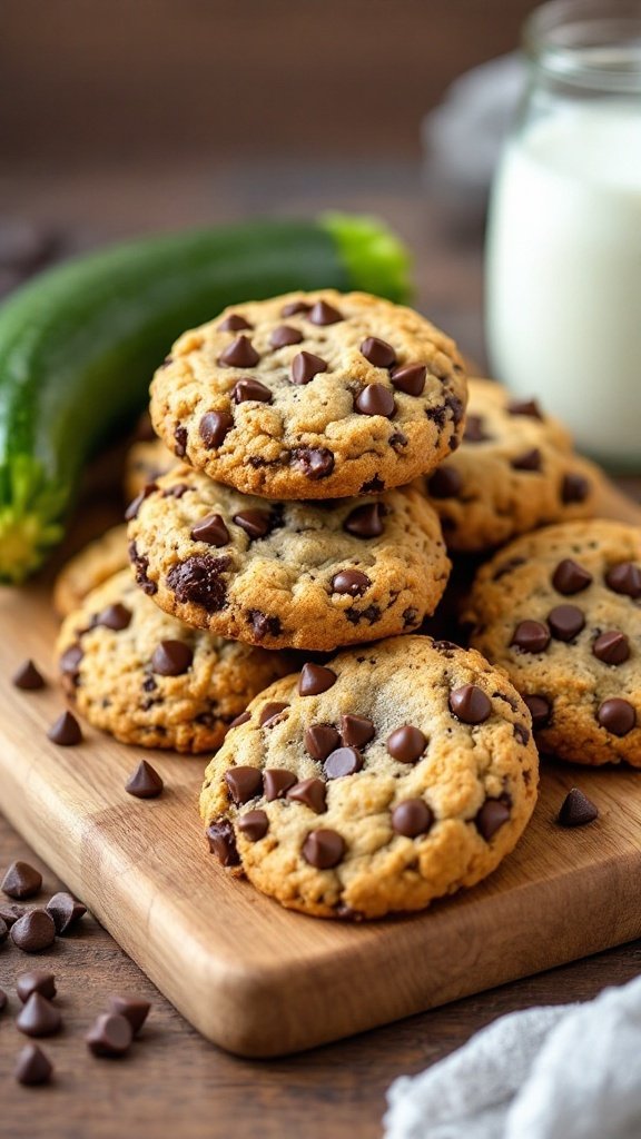 Delicious zucchini chocolate chip cookies stacked on a wooden board with a zucchini in the background.