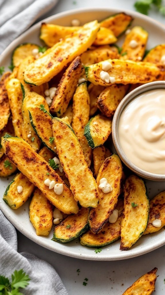 A plate of crispy zucchini fries with a creamy vegan dip