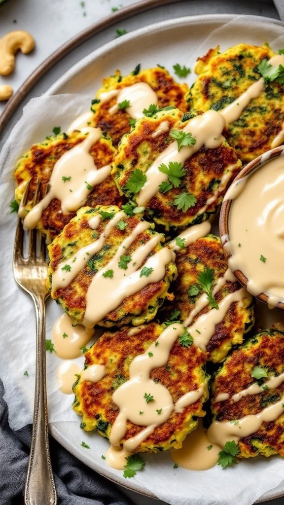 A plate of golden-brown zucchini fritters drizzled with creamy cashew sauce, garnished with fresh herbs.