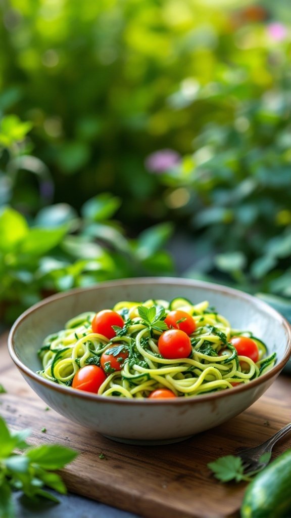 Zucchini noodle bowl with cherry tomatoes and fresh herbs, set against a lush green background.