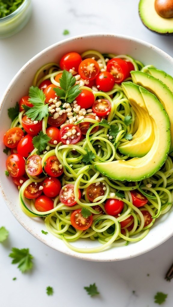 A colorful zucchini noodle breakfast bowl filled with spiralized zucchini, cherry tomatoes, and sliced avocado.