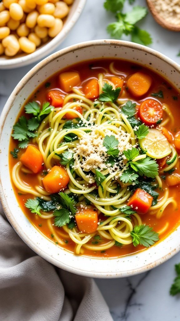 A bowl of Zucchini Noodle Minestrone soup with fresh herbs and lemon slices.