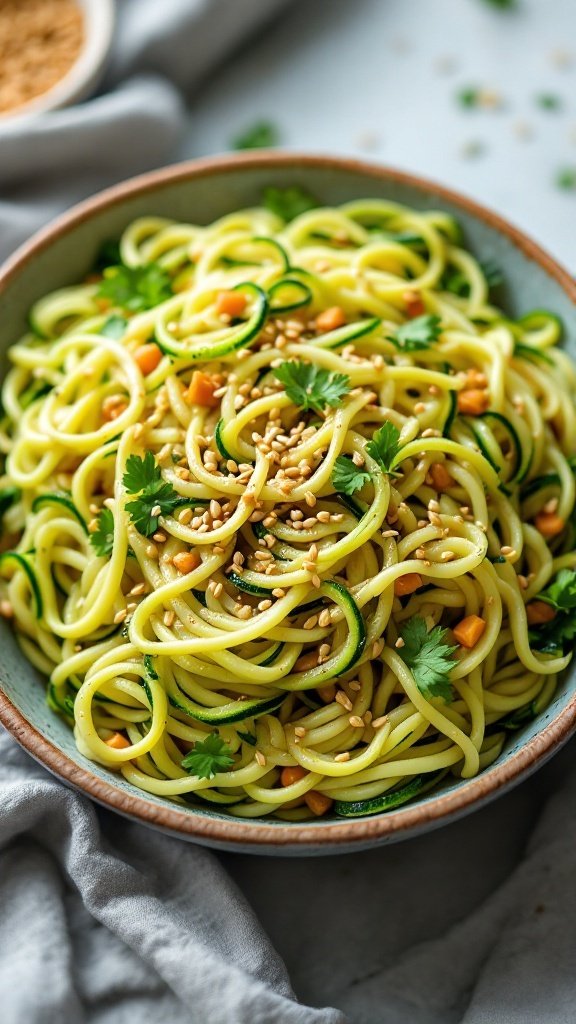 A vibrant bowl of zucchini noodle salad topped with sesame seeds and fresh herbs.