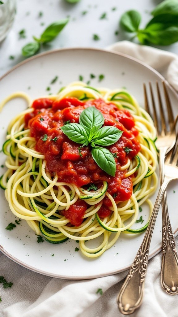 A plate of zucchini noodles topped with marinara sauce and garnished with fresh basil.