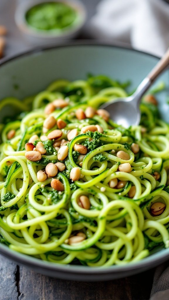 A colorful display of zucchini noodles topped with pesto, almonds, and fresh herbs, served in stylish bowls on a wooden table.