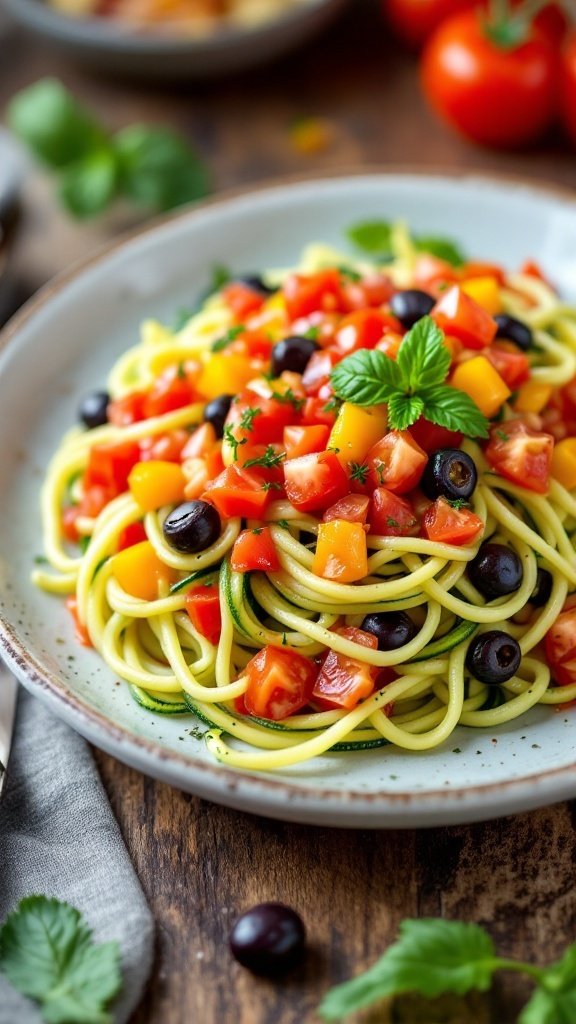 A plate of zucchini noodles topped with diced tomatoes, olives, and fresh herbs.