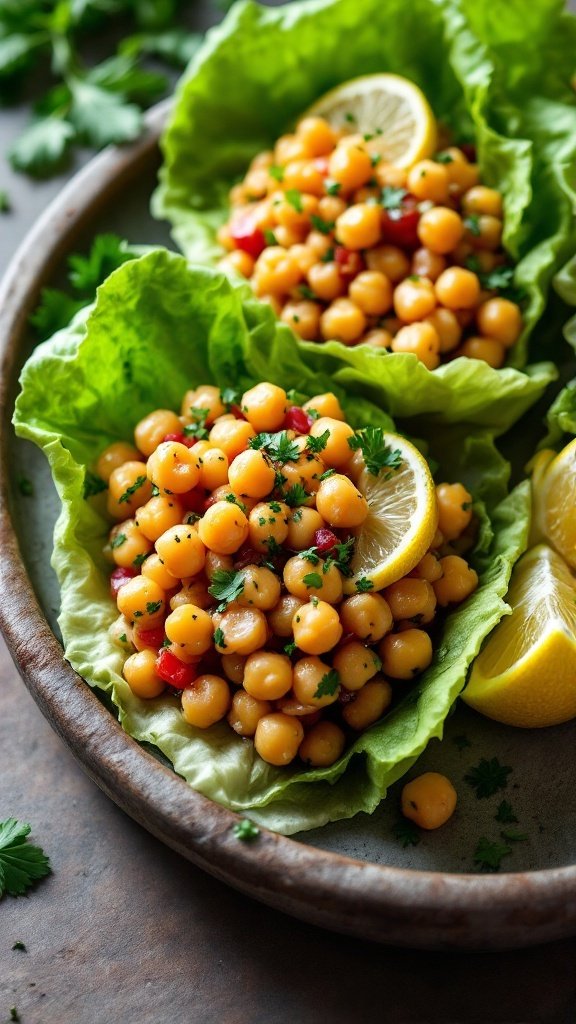 Chickpea salad lettuce wraps with lemon and fresh herbs