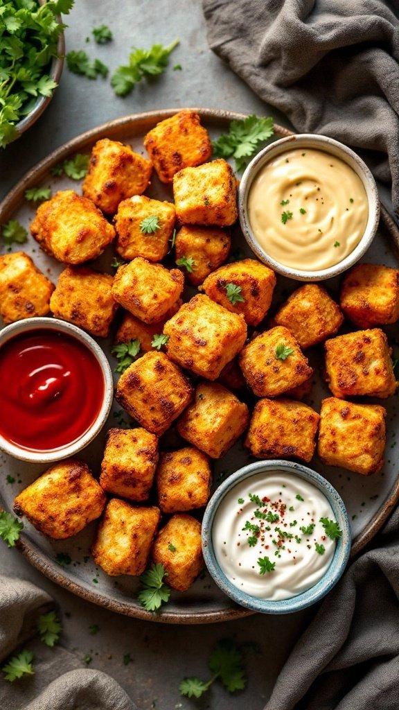 A plate of crispy baked tofu nuggets with three dipping sauces: ketchup, ranch, and a creamy sauce, garnished with parsley.