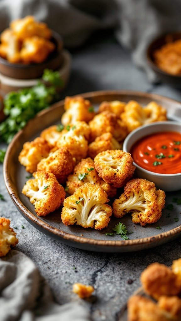 A plate of crispy cauliflower bites with a side of dipping sauce, garnished with herbs.