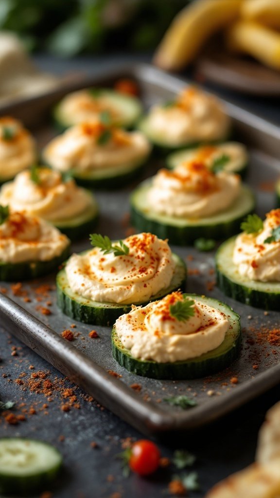 A tray of cucumber slices topped with hummus, sprinkled with paprika and garnished with herbs.