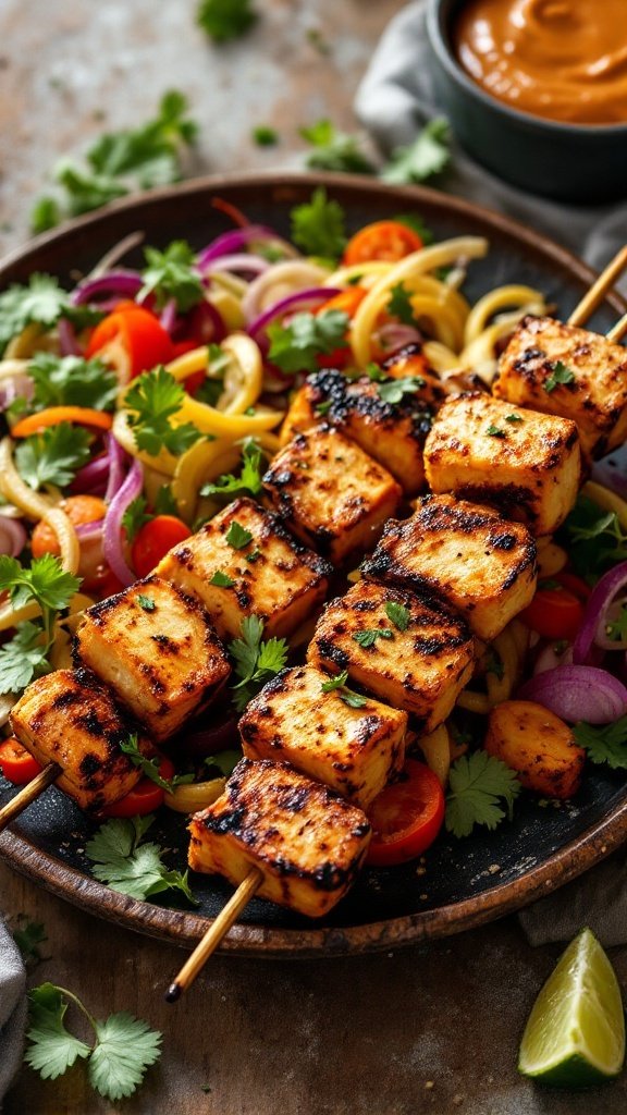Grilled tofu skewers on a plate with colorful vegetables and peanut sauce