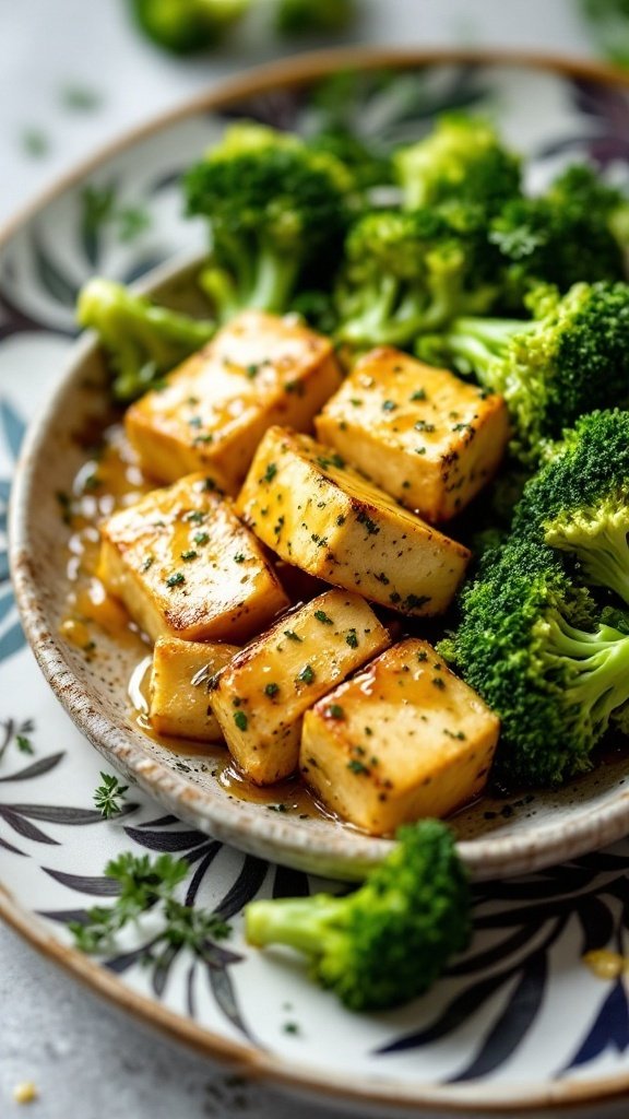 Plate of lemon herb tofu with broccoli, featuring golden tofu cubes and fresh green broccoli.