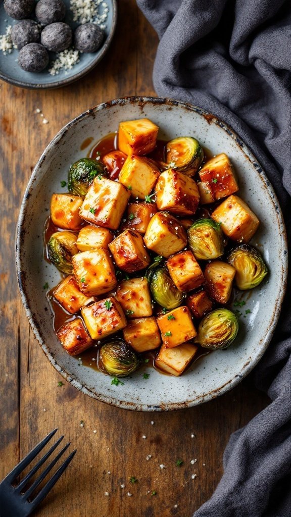 A bowl of maple glazed tofu with roasted Brussels sprouts, garnished with herbs.