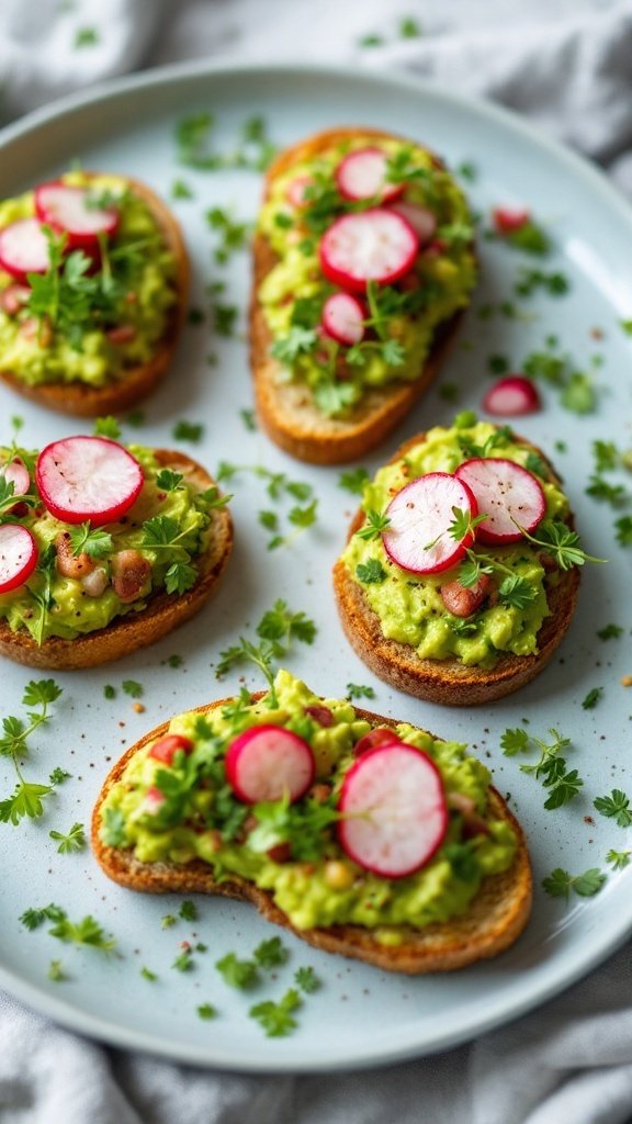 A plate of mini avocado toasts topped with radish slices and cilantro.