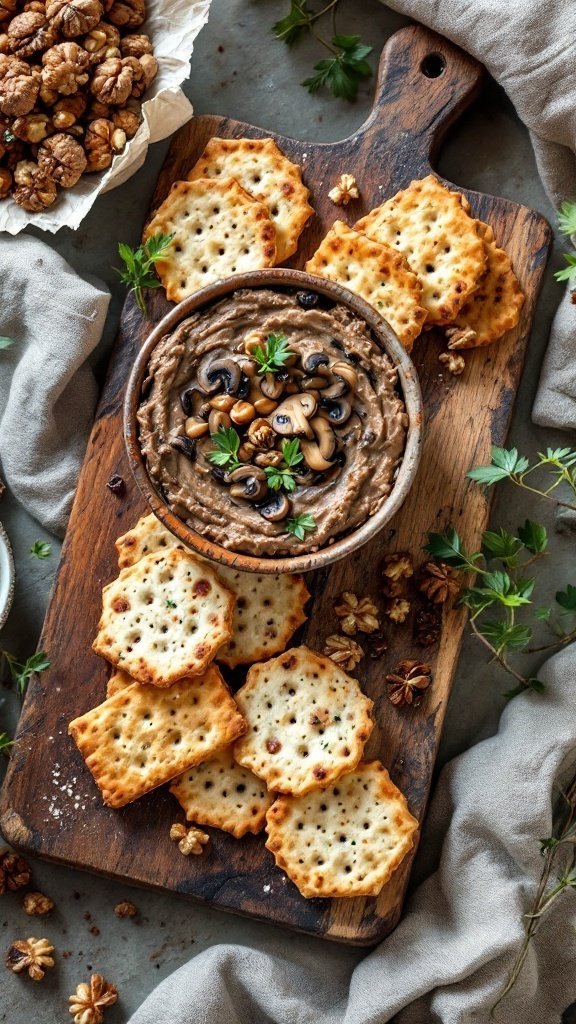 A wooden platter with a bowl of mushroom and walnut pâté surrounded by crackers and nuts.