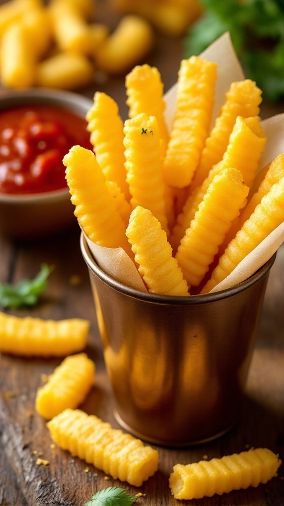 Crispy polenta fries in a cup with marinara sauce on the side.