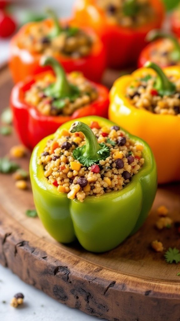 A wooden platter filled with colorful stuffed mini peppers, showcasing a delightful mixture of grains and herbs.