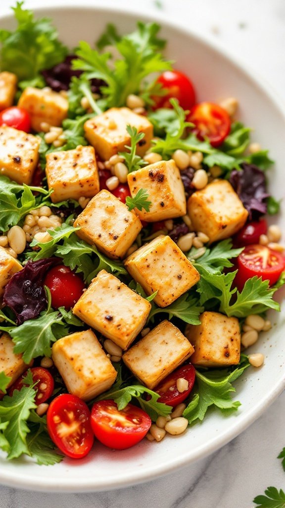 A colorful salad featuring crispy tofu cubes, cherry tomatoes, and greens topped with sesame and ginger.