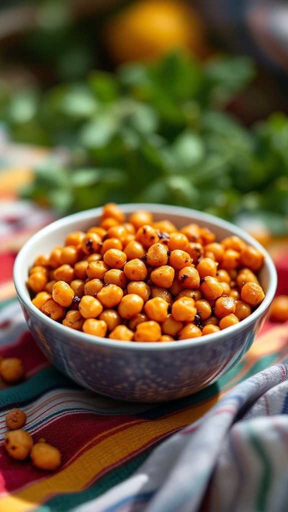 A bowl of spicy roasted chickpeas on a colorful tablecloth.
