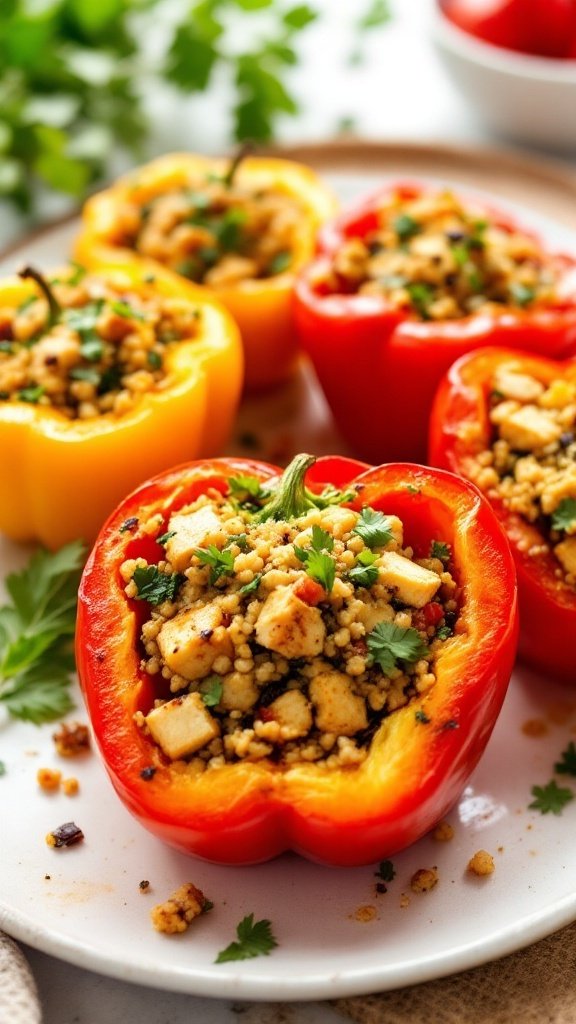 Colorful stuffed bell peppers filled with tofu and quinoa on a plate, garnished with cilantro.
