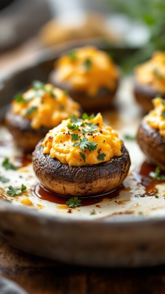 A tray of stuffed mushrooms with vegan cheese, garnished with fresh herbs.