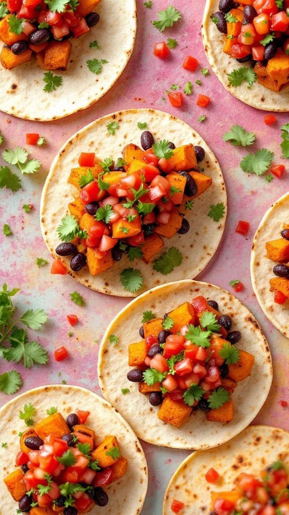 Colorful sweet potato and black bean tacos topped with fresh salsa and cilantro.