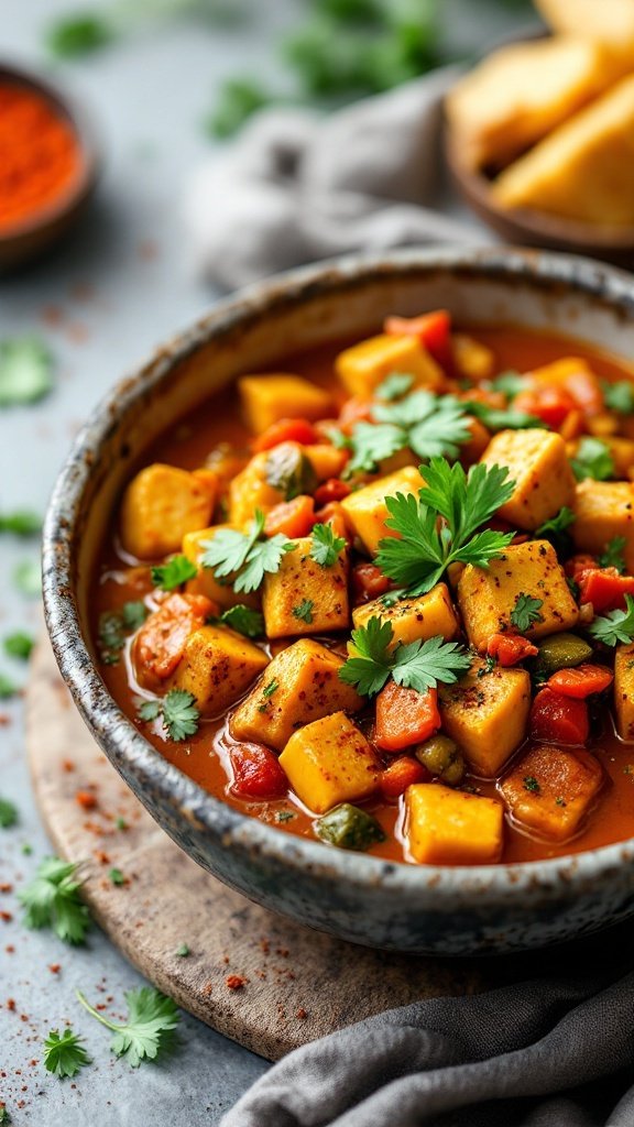 A delicious tofu and vegetable curry in a bowl, garnished with fresh herbs.