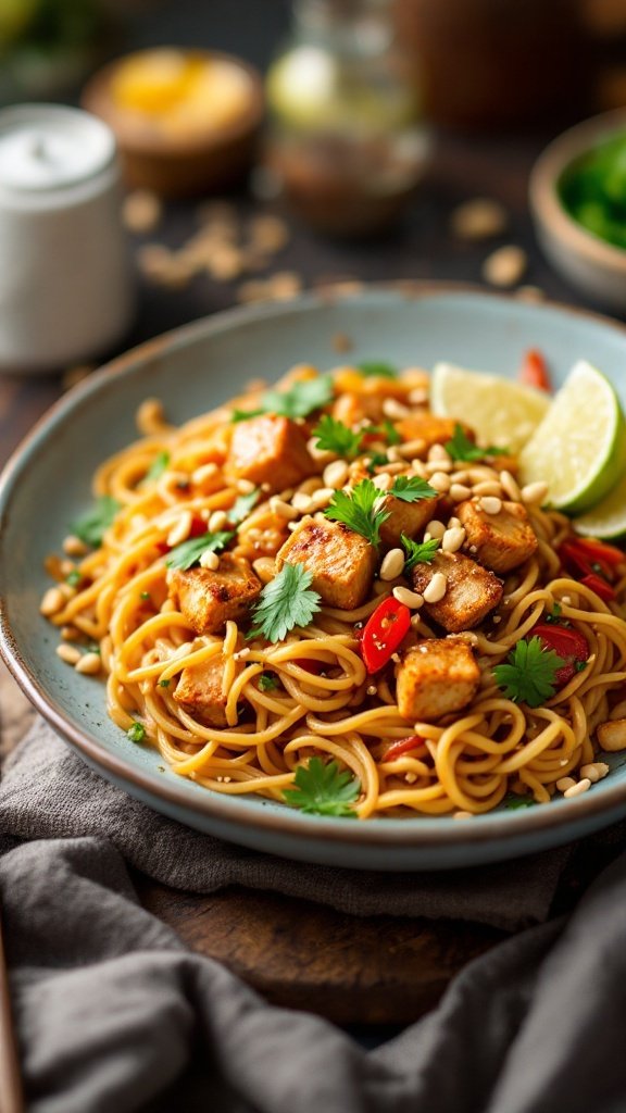 A delicious plate of Tofu Pad Thai with peanuts, garnished with lime and cilantro.