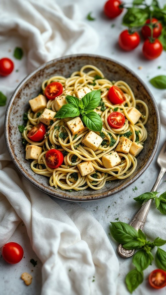 A bowl of Tofu Pesto Pasta garnished with cherry tomatoes and fresh basil, beautifully presented.
