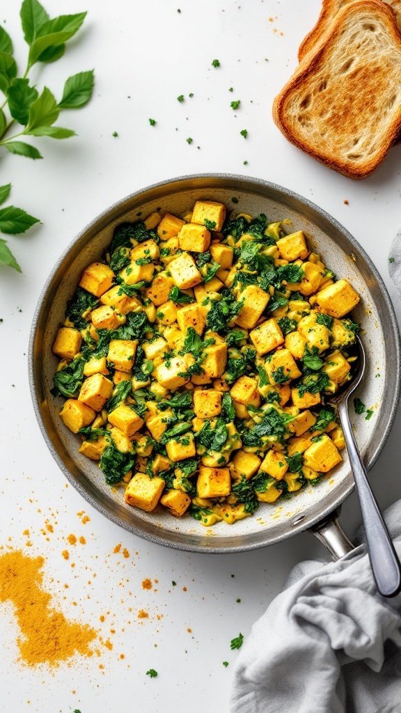 A colorful tofu scramble with spinach and turmeric, served in a skillet next to slices of toast.