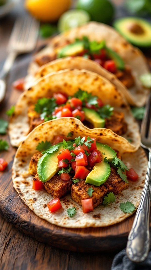 Delicious tofu tacos topped with avocado, salsa, and cilantro, served on a wooden platter.