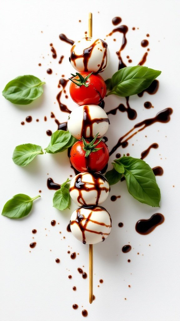 Vegan Caprese Skewers with cherry tomatoes, vegan mozzarella, and basil drizzled with balsamic glaze.