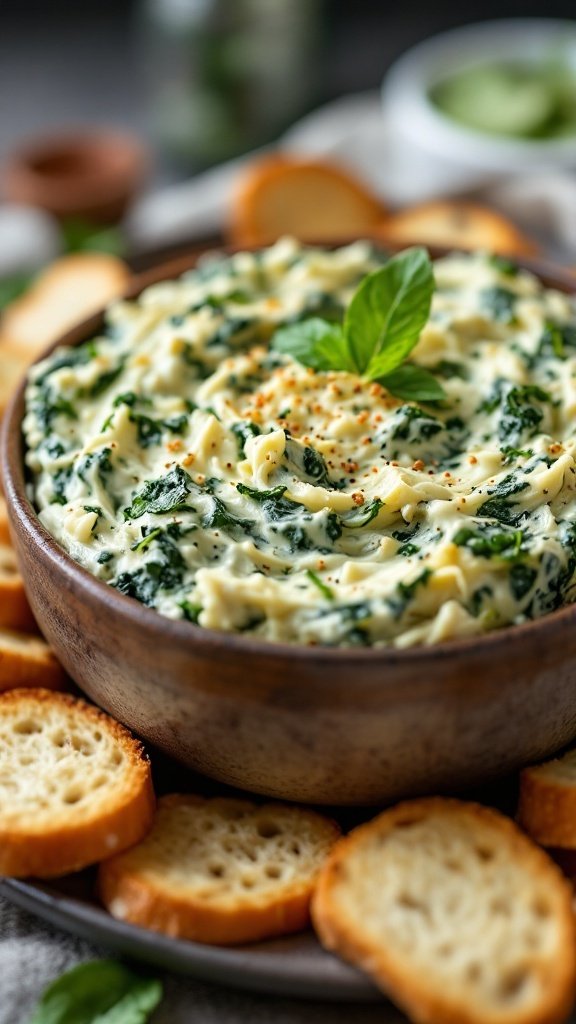 Creamy vegan spinach and artichoke dip served in a wooden bowl with crispy bread slices around it.