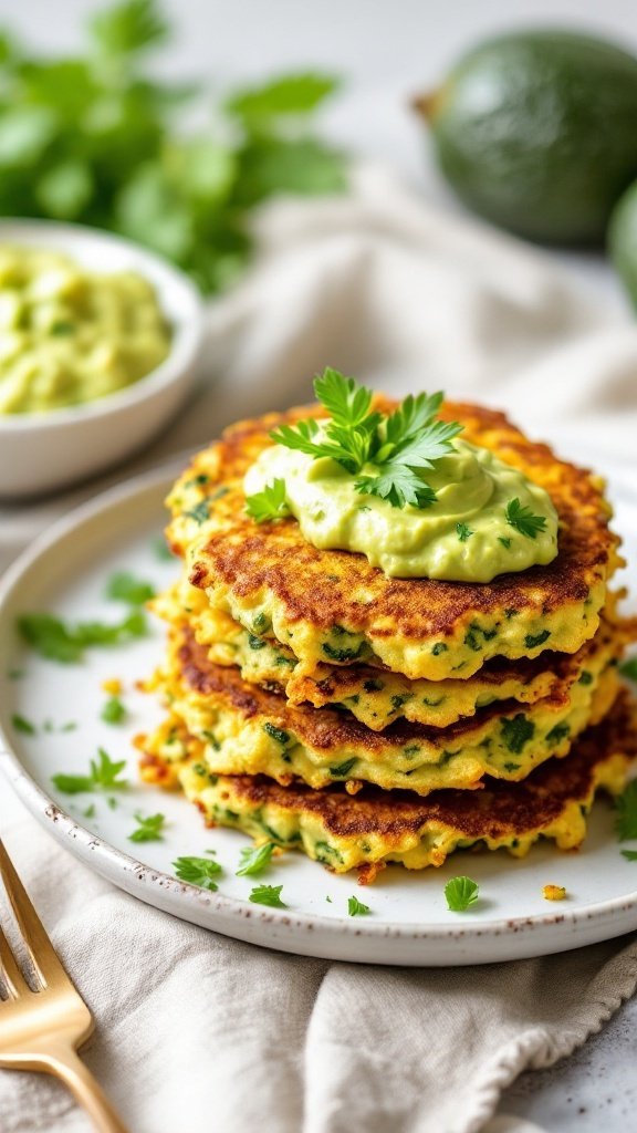 A stack of delicious zucchini fritters topped with avocado dip, garnished with fresh herbs.